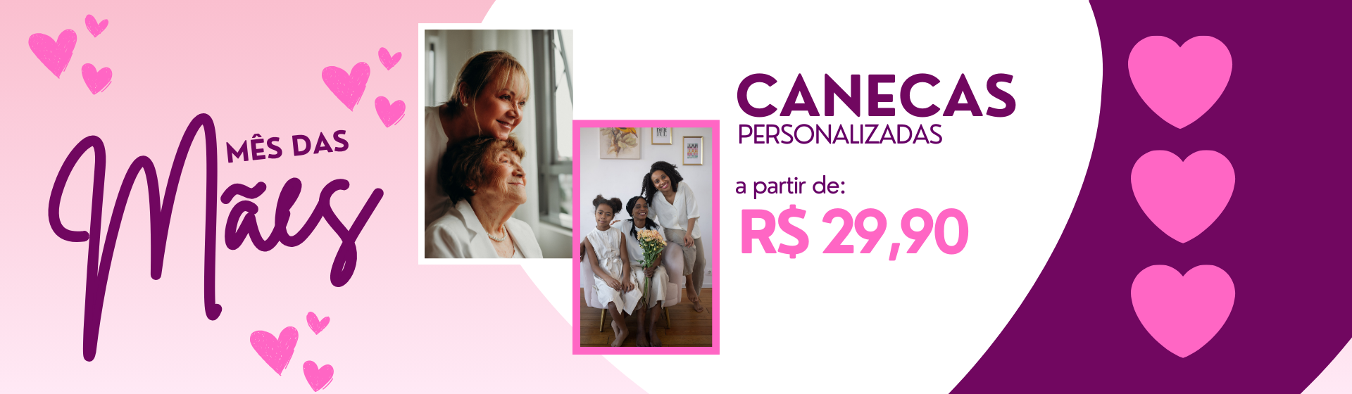 Banner ofertas mês das mães moderno em roxo e rosa