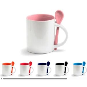 Caneca Cerâmica Branca c/ colher Base reta interior colorida 325ml